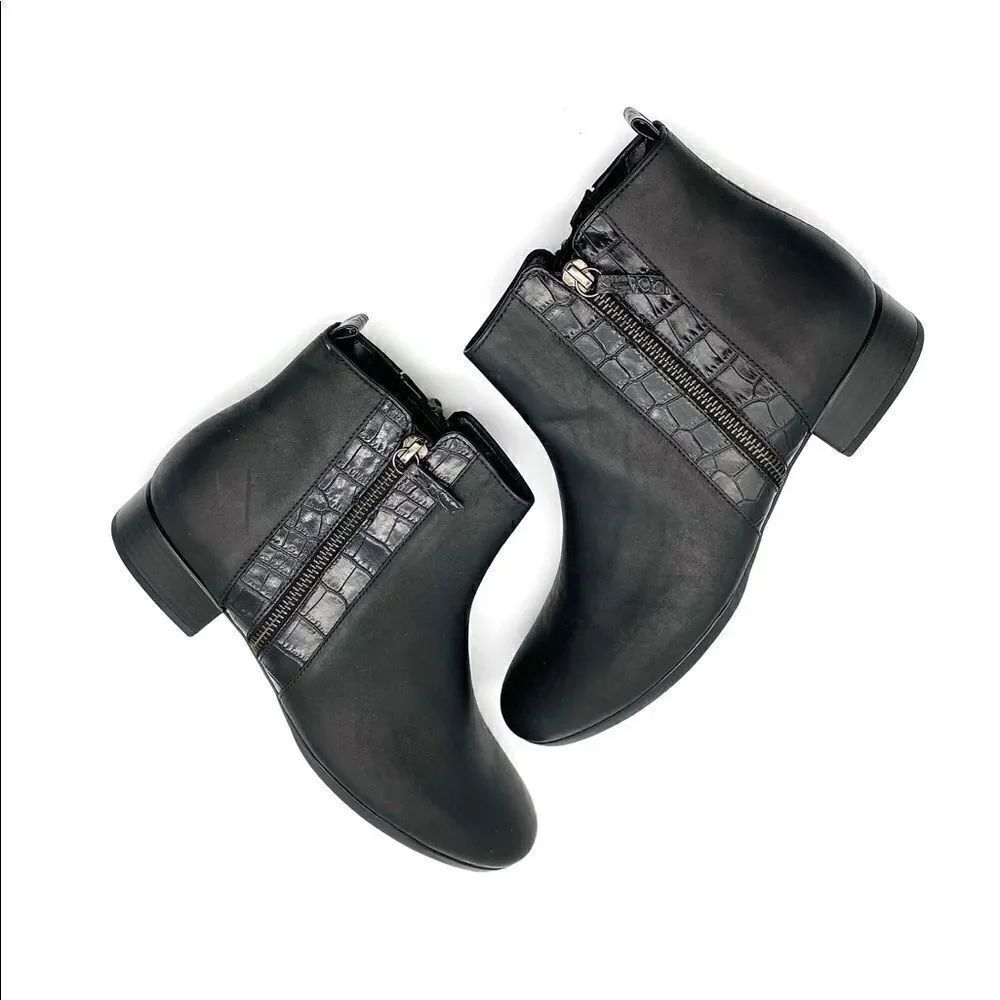 NWB GABOR Comfort Black Leather Ankle Boots Low Heel Back Zip US 8H Wide Fit